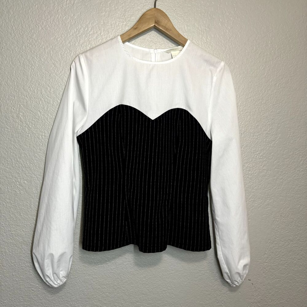 HM Blouse White Navy Striped Faux Bustier Long Sleeve Corporate Formal Women M